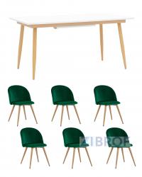 Обеденная группа стол Стокгольм 160-220*90, 6 cтульев Лион велюр с ромбами зеленый