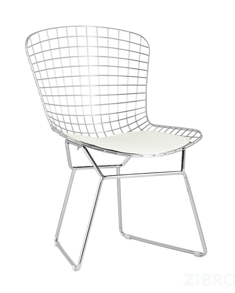 Стул обеденный Bertoia хромированный металл с белой подушкой из экокожи