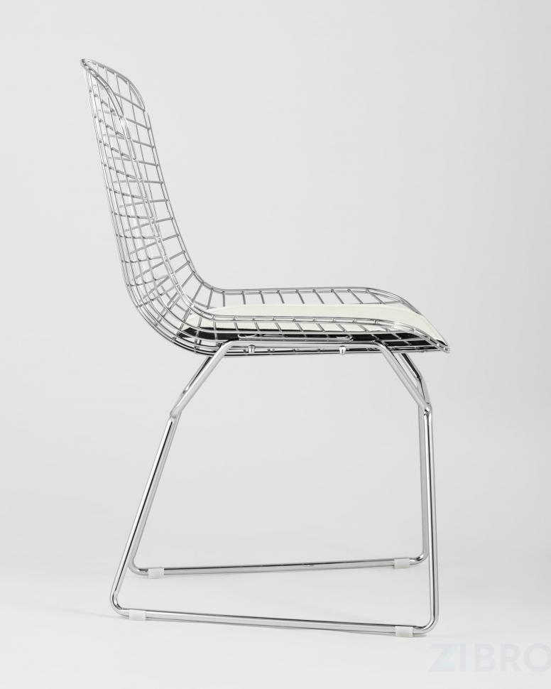 Стул обеденный Bertoia хромированный металл с белой подушкой из экокожи