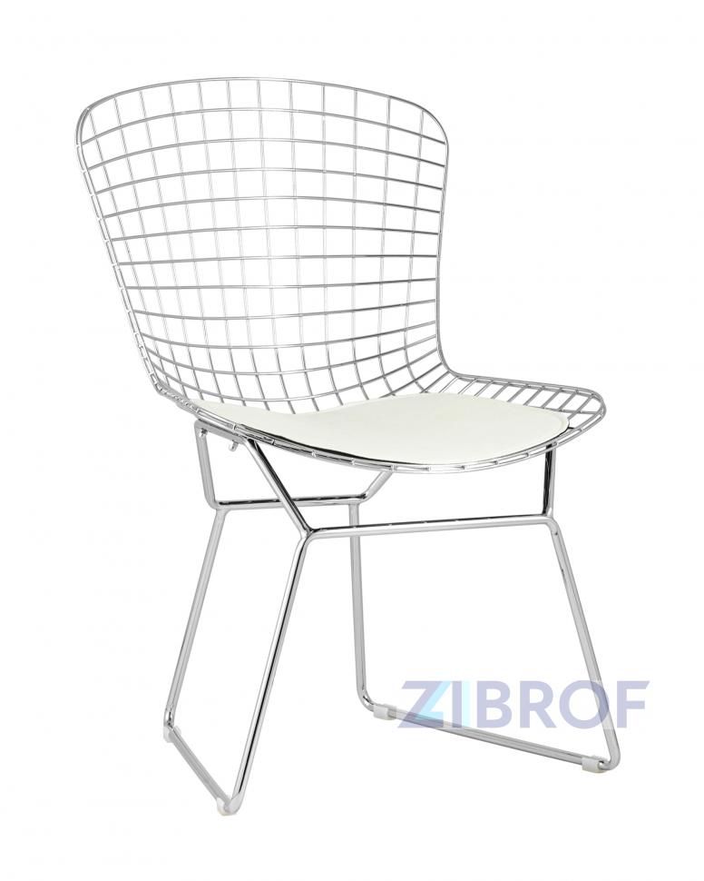 Стул обеденный Bertoia хромированный металл с белой подушкой из экокожи