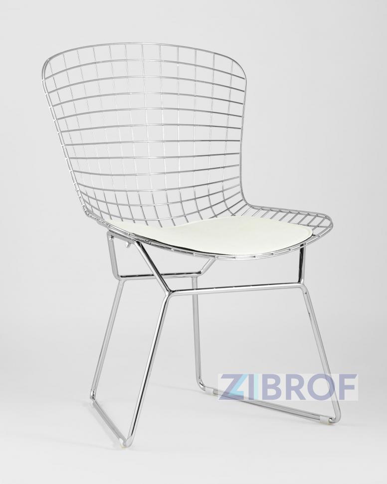 Стул обеденный Bertoia хромированный металл с белой подушкой из экокожи