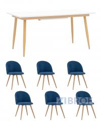 Обеденная группа стол Стокгольм 160-220*90, 6 cтульев Лион синий шенилл