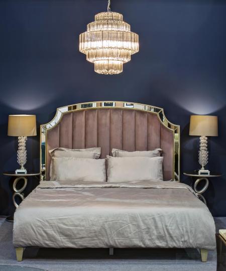 Кровать двуспальная с зеркальными вставками (розово-серая)