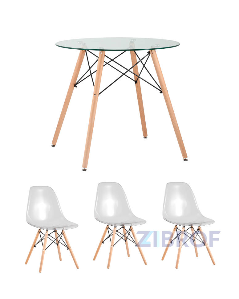 Eames стол стеклянный D80, 3 стула прозрачных