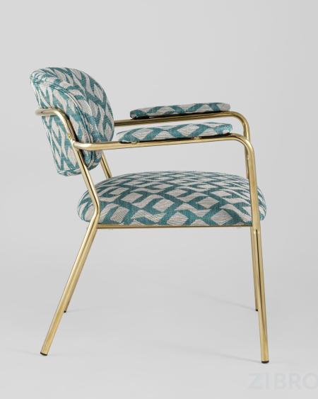 Кресло Кэрол орнамент с подлокотниками обивка рогожка золотые ножки металл