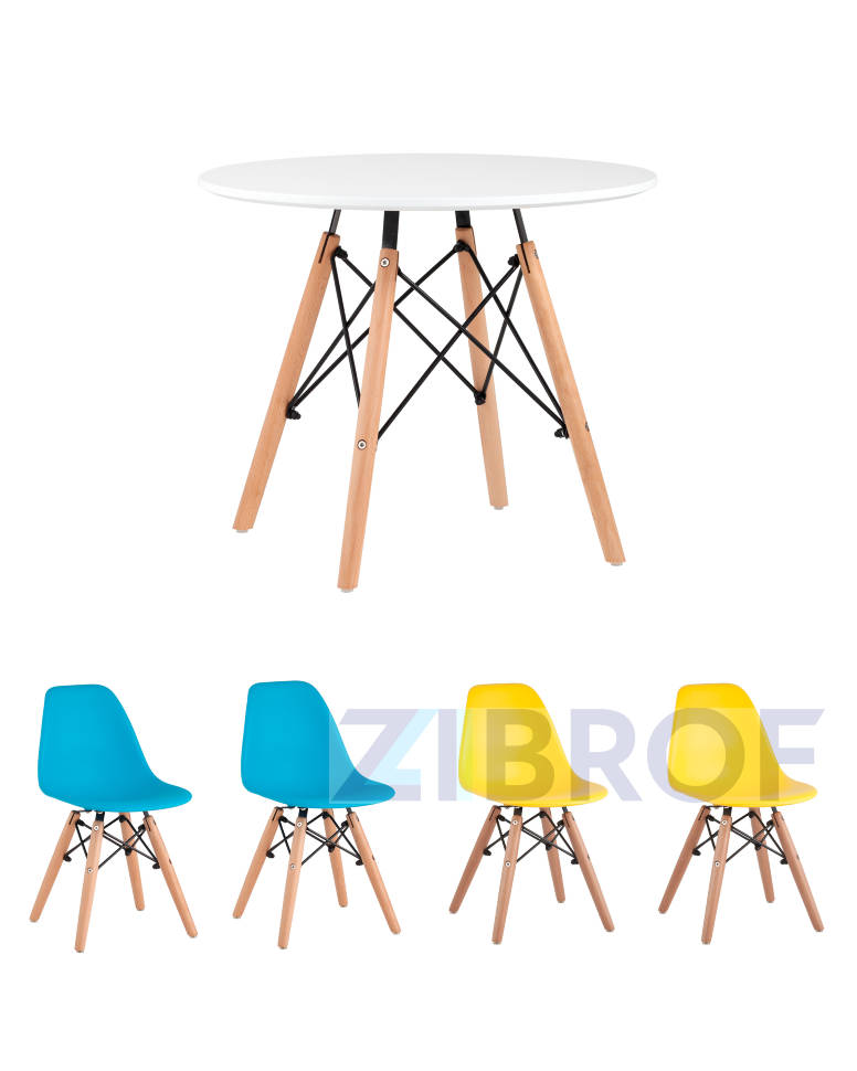 Комплект мебели детский стол Eames белый, 2 голубых стульчика и 2 желтых стульчика
