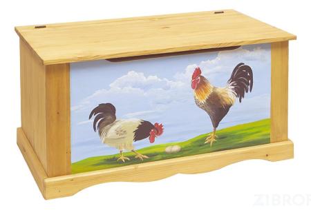 Сундук Петухи сосна с рисуном VSN_COFFRE-100-paint-Coqs-blue-fond