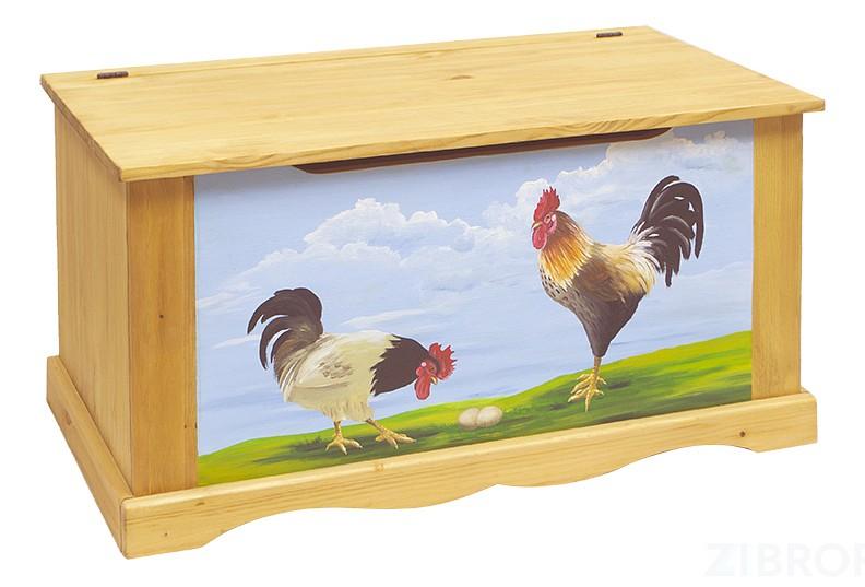 Сундук Петухи сосна с рисуном VSN_COFFRE-100-paint-Coqs-blue-fond