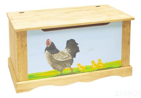 Сундук Курица с цыплятами сосна с рисуном VSN_COFFRE-100-paint-Poule-et-poussins-fond-bleu