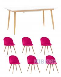 Обеденная группа стол Стокгольм 160-220*90, 6 cтульев Лион велюр розовый