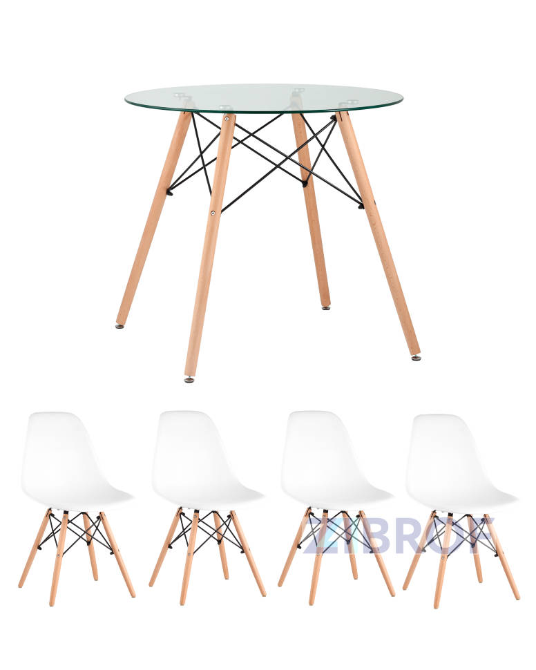 Eames D80 стол стеклянный, 4 стула Eames DSW белые