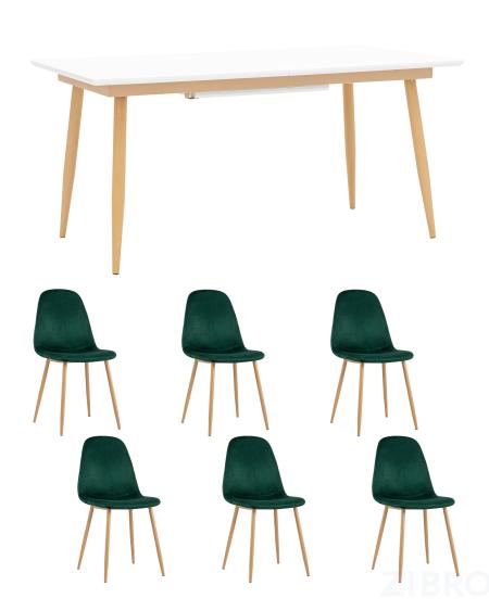 Обеденная группа стол Стокгольм 160-220*90, 6 cтульев Валенсия велюр темно-зеленый