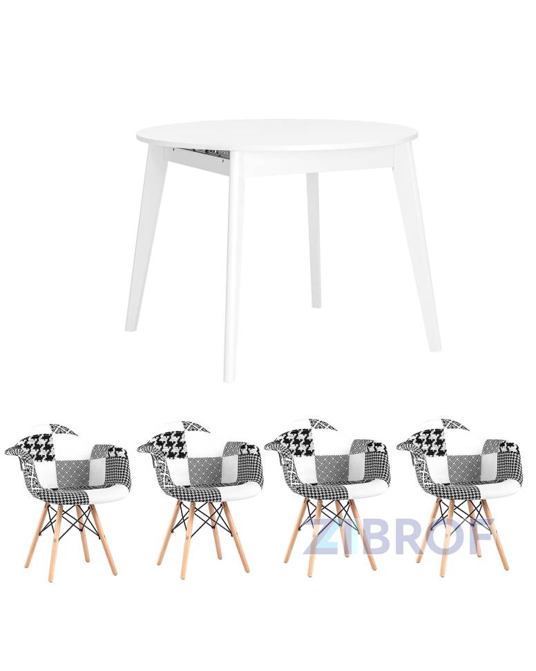 Обеденная группа стол Rondo раскладной 100-135*100 см белый, 4 кресла Eames пэчворк черно-белые