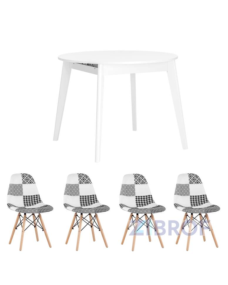 Обеденная группа стол Rondo раскладной 100-135*100 см белый, стулья Eames пэчворк черно-белые