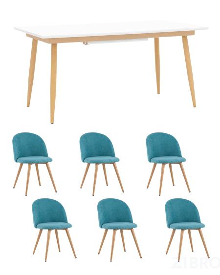 Обеденная группа стол Стокгольм 160-220*90, 6 cтульев Лион бирюзовый шенилл
