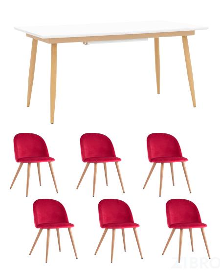 Обеденная группа стол Стокгольм 160-220*90, 6 cтульев Лион велюр красный